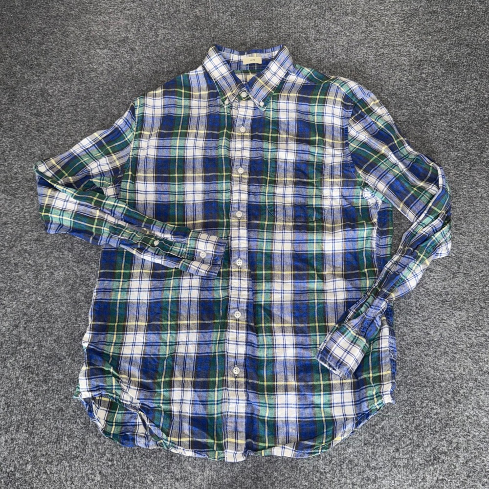 J.Crew Baird McNutt‎ Irish Linen Shirt Mens Medium Slim Fit Blue Green Plaid